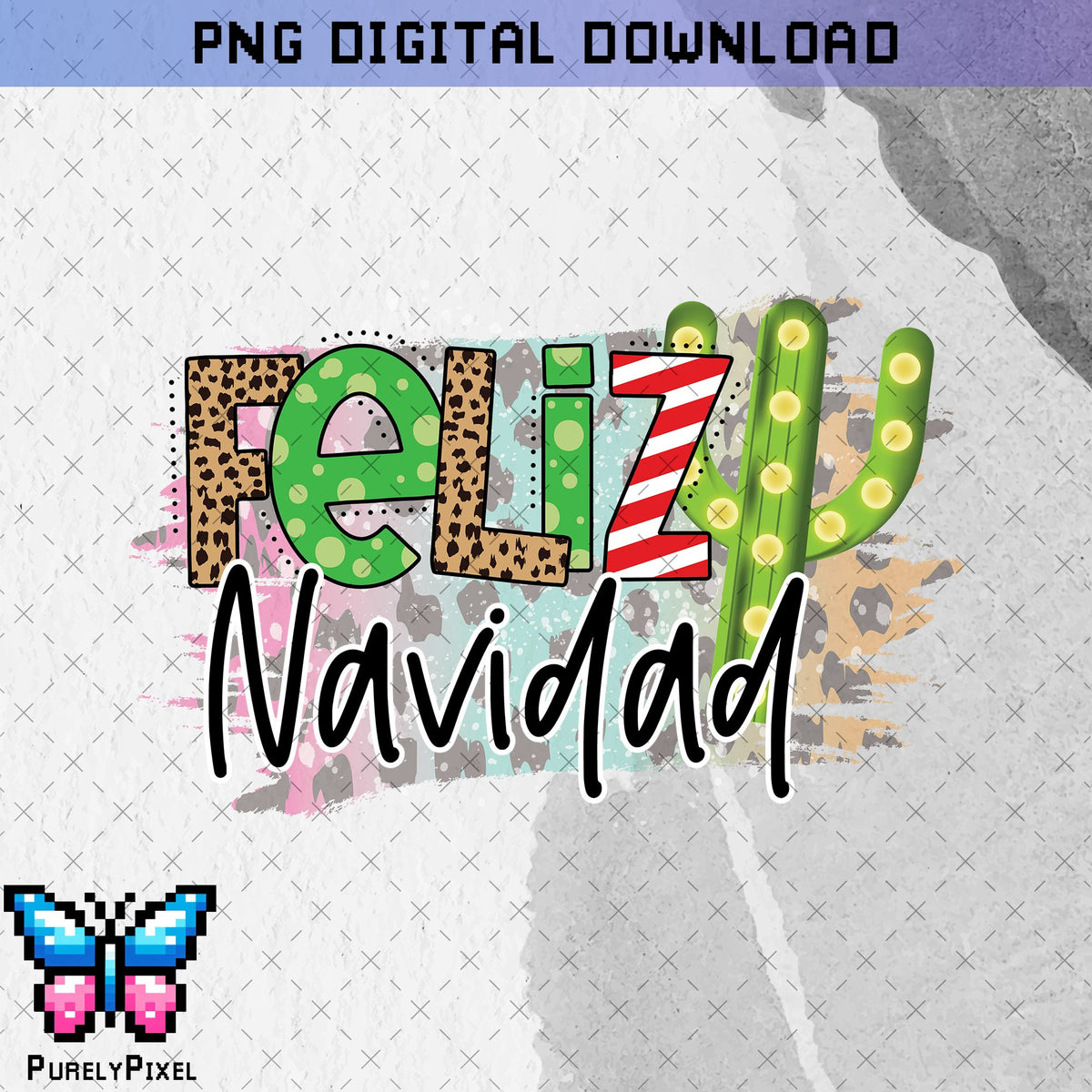 Feliz Navidad PNG | Christmas and Winter Holiday Cactus PNG | Candy Cane Festive PNG Design for T-Shirts and More | PurelyPixels | Digital Download