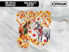 Horses and Fall Leaves PNG | Autumn Weather and Horses with Scarves | Cold Weather PNG Design for T-Shirts and More | Pixalis | Digital Download