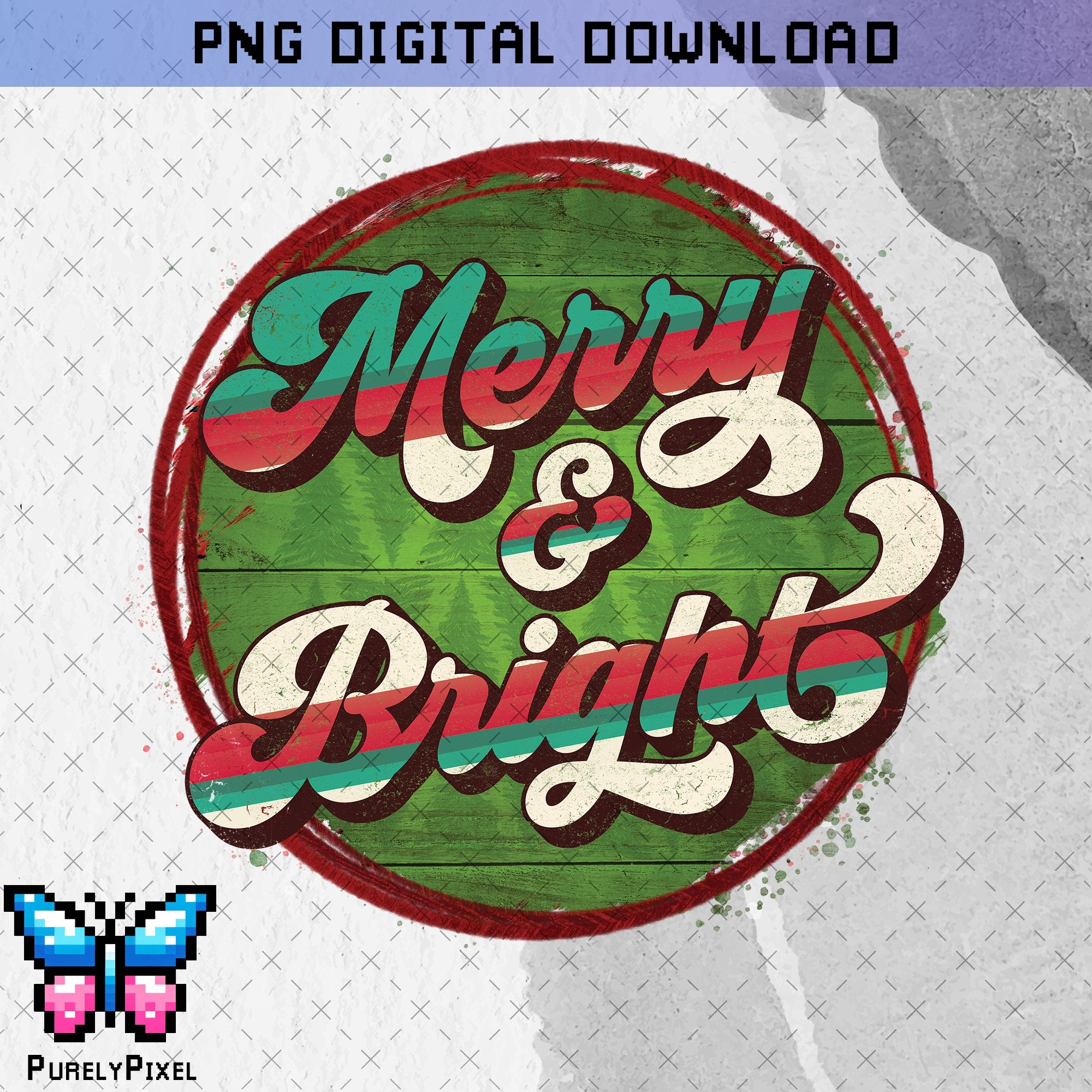 Merry and Bright Christmas PNG | Christmas Tree Decoration PNG | Green and Red Winter Holidays Christmas PNG Design | PurelyPixels | Digital Download