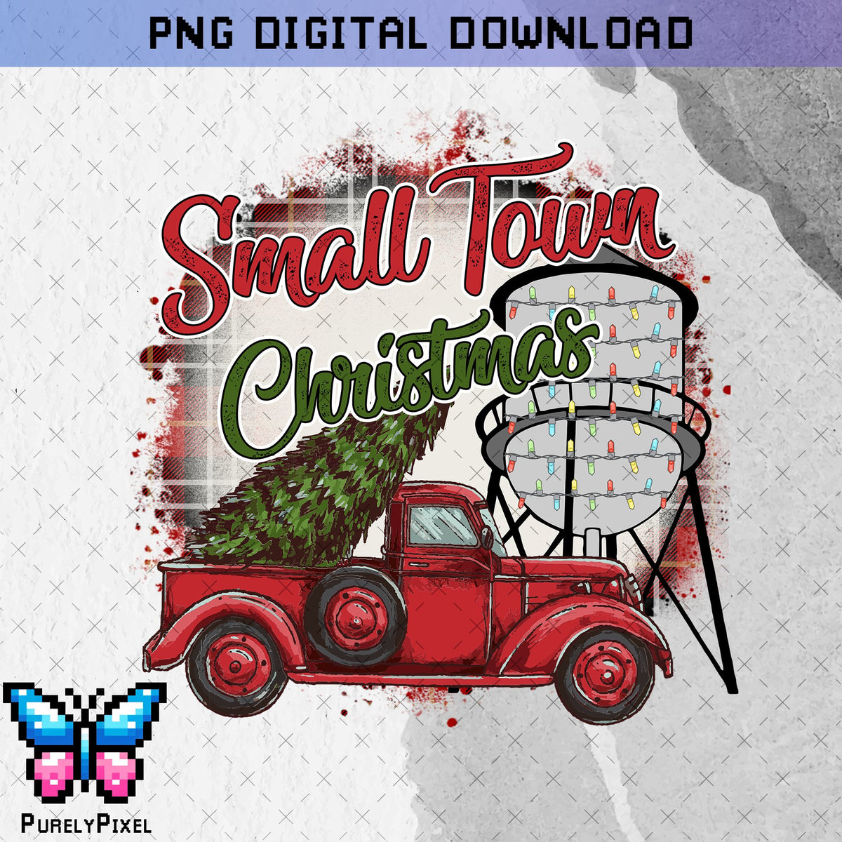 Small Town Christmas PNG | Red Truck with Christmas Tree | Buffalo plaid Christmas |PNG Design for T-Shirts and More | PurelyPixels | Digital Download